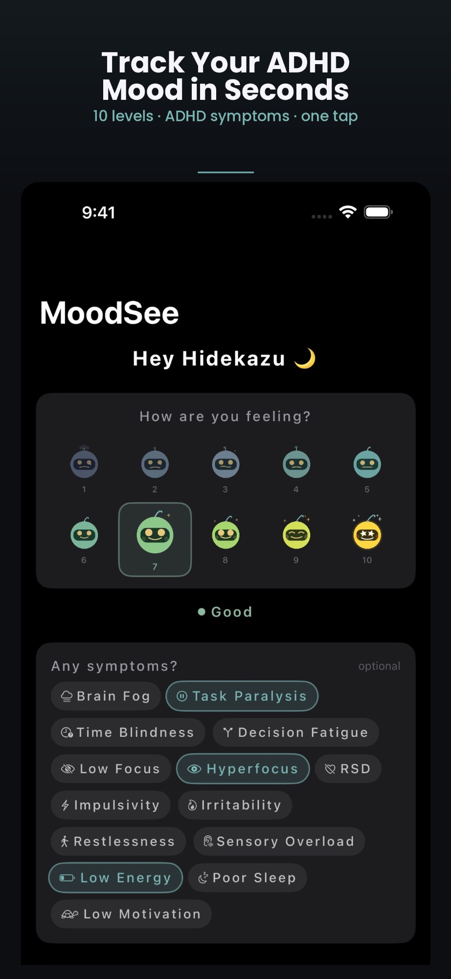MoodSee mood logging screen